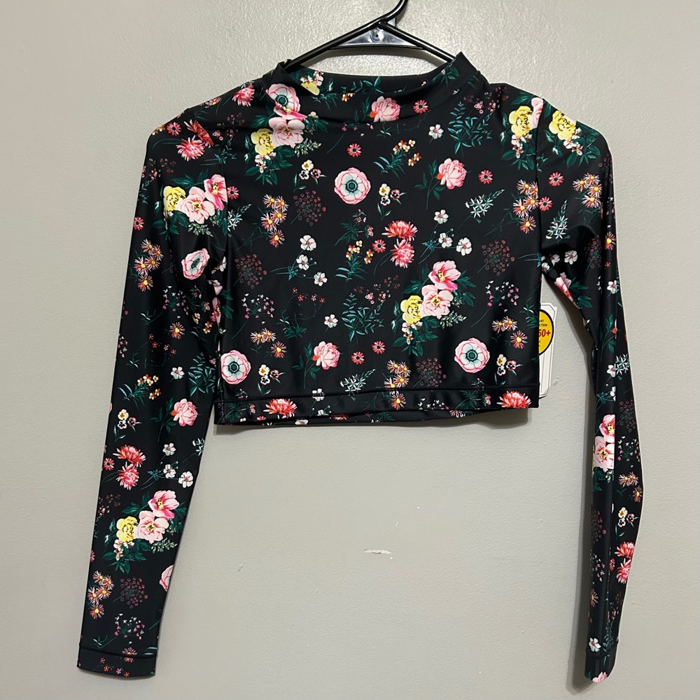 Melrose Market Rash Guard Girls 14 Black Floral NEW UPF 50+ Long Sleeve Swim Top